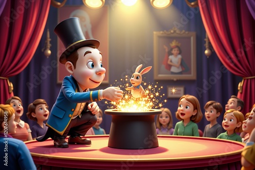 Magicians Show with Rabbit Appearing from Hat Kids Audience Cartoon Illustration