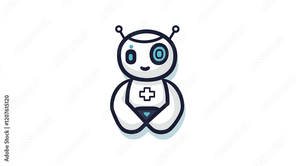 Fototapeta premium simple friendly cartoon robot with a plus symbol on its chest suggesting medical or healthcare themes Clean lines minimalist design white and light blue colors