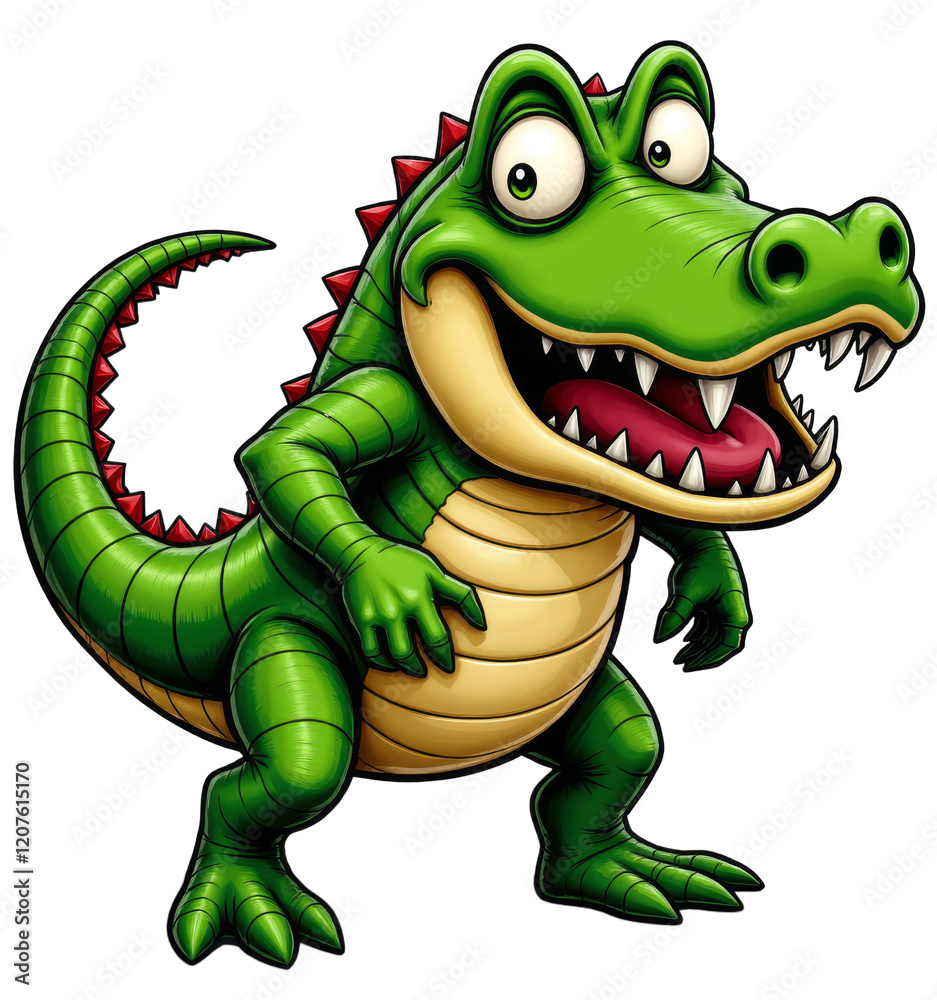 Fototapeta premium Green cartoon alligator with red spikes open mouth transparent background