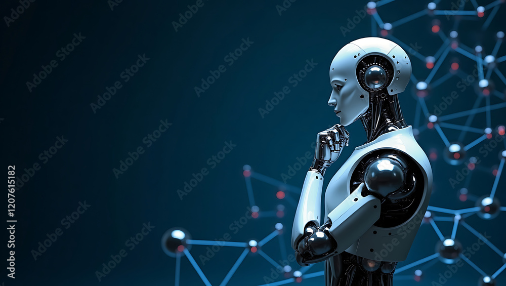 Obraz premium Futuristic AI Robot Thinking Concept, Digital Illustration of Artificial Intelligence and Technology with Network Connections