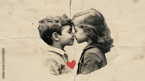 photographie style vintage de deux enfants amoureux qui se font un bisou sur la bouche photo