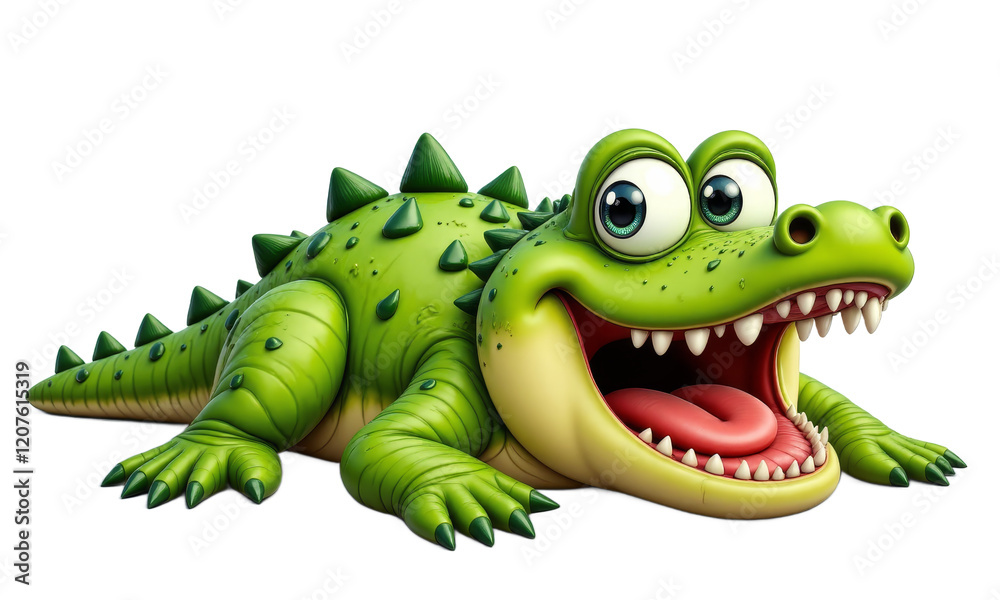 Fototapeta premium Green cartoon crocodile with big eyes and open mouth transparent background