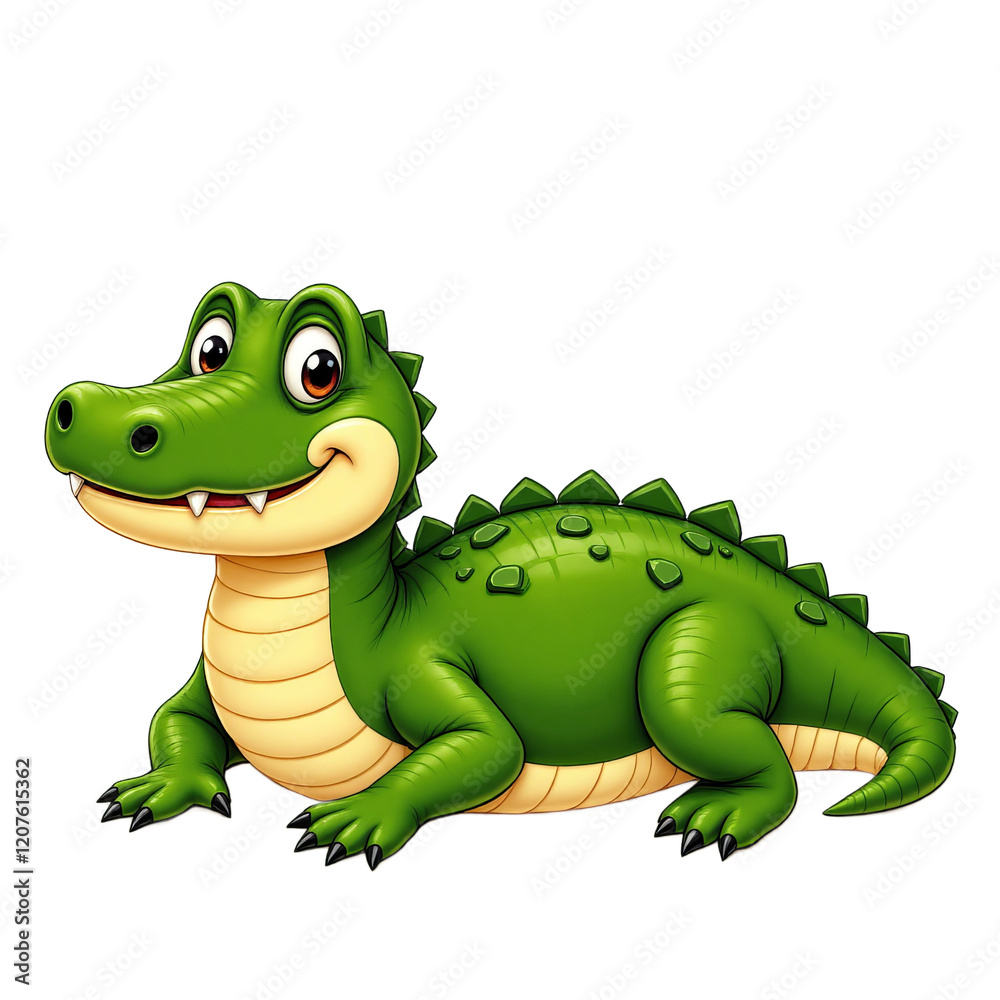 Fototapeta premium Green cartoon crocodile with black claws on a transparent background