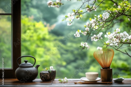 A peaceful Zen tea ceremony, featuring an elegant teapot, matcha whisk, and traditional tatami mat setting