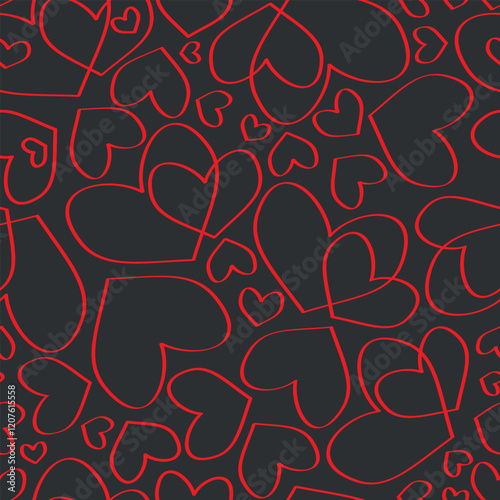 Black Valentine's Day seamless pattern with red hearts. Love playful background for february 14