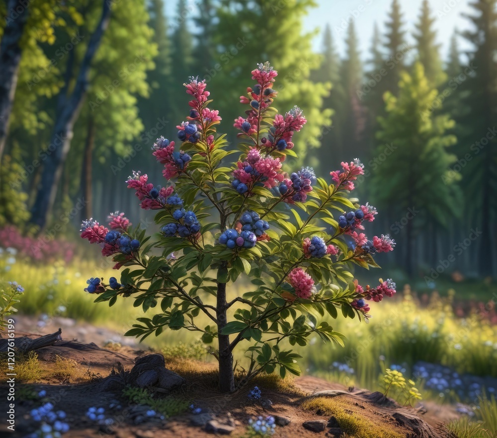 Obraz premium Blueberry bush in full bloom against the vibrant colors of a spring forest landscape, plant life, blossoming