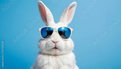 White Easter bunny rabbit wearing sunglass smiling isolated on blue background, adorable domestic animal on traditional springtime celebration