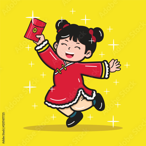 A cute girl celebrating Chinese New Year by getting an angpao for a sticker or design element