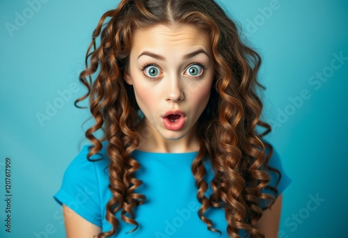 Surprised female portrait with blue dress and curly hair