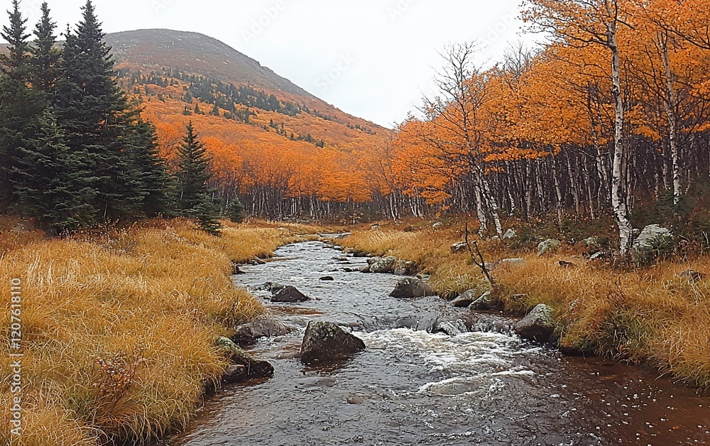 Autumnal stream flows through golden forest. Autumnal stream flows through golden forest.