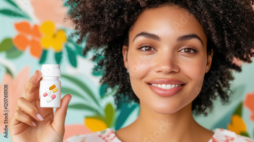 Smiling woman holding antihistamine pills against colorful background