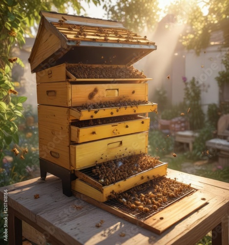 Bees around open hive with attached smoker in sunlight, beekeeper tools, wildlife, smoke