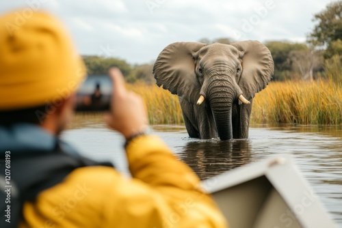 A scenic boat safari on the Zambezi River, with tourists taking photographs of elephants drinking on the shore