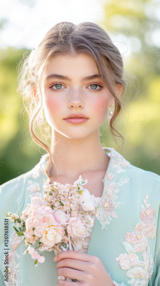 Elegant spring portrait of model with floral bouquet in sunlit setting Elegant spring portrait of model with floral bouquet in sunlit setting