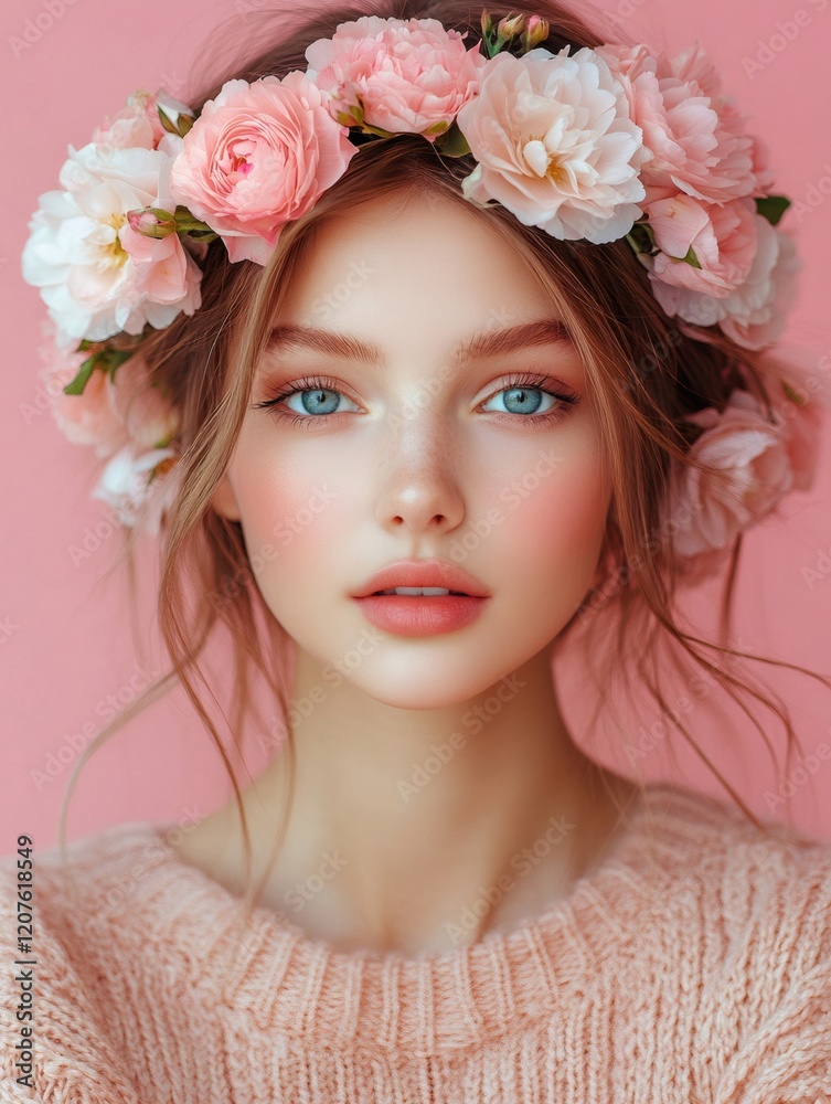 Naklejka premium Beautiful teenager girl wearing pink flower crown posing on pink background