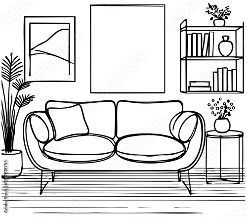 Linear sketch of an interior. Hand drawn sofa in sketch style