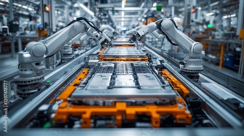 Industrial robot arms assemble lithium-ion EV battery packs in a modern factory, with a row of white robotic arms working on an automated production line in the electric car manufacturing process. photo