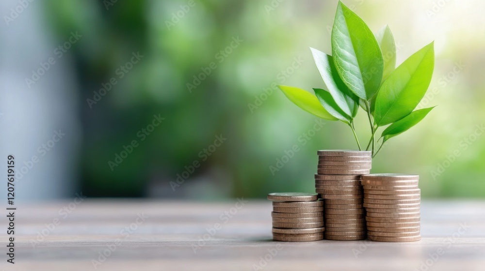 Fresh Green Leaves Growing from Stacked Coins Symbolizing Investment in Nature and Sustainable Finance Concepts Fresh Green Leaves Growing from Stacked Coins Symbolizing Investment in Nature and Sustainable Finance Concepts