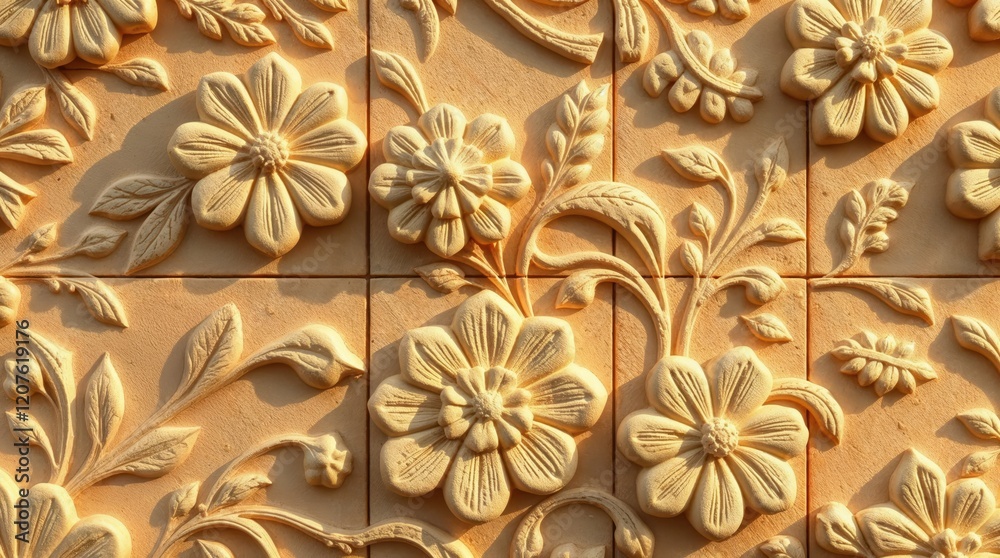 Clay sculptures with floral patterns on seamlessly tiled in warm light. Clay sculptures with floral patterns on seamlessly tiled in warm light.