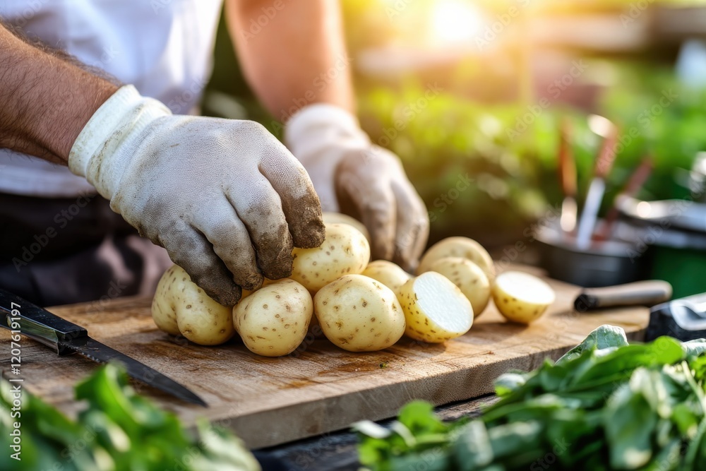 A close-up view of hands chopping fresh, unpeeled potatoes on a wooden board, highlighting the connection between nature and the culinary experience, evoking freshness. A close-up view of hands chopping fresh, unpeeled potatoes on a wooden board, highlighting the connection between nature and the culinary experience, evoking freshness.