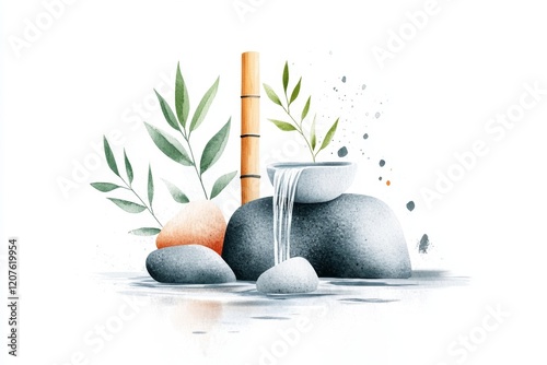 A simple 2D illustration of a bamboo fountain trickling water into a small pond, drawn with soft colors on a white background