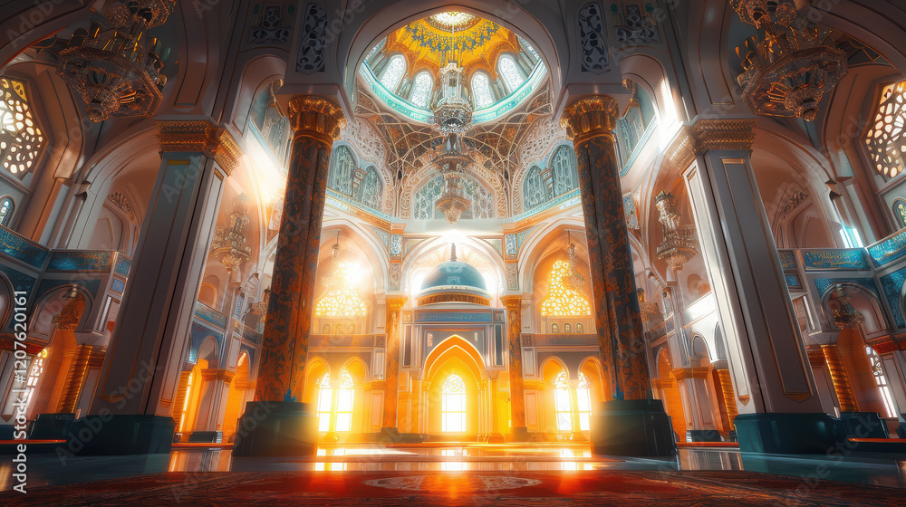 Fototapeta premium A grand, illuminated interior of a mosque showcasing intricate architecture and design.