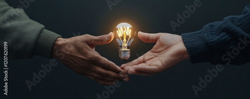 Hands exchanging a glowing light bulb symbolizing ideas and collaboration.