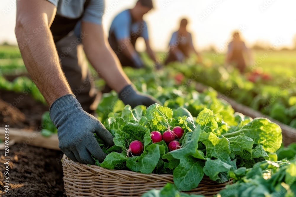 Fototapeta premium Several workers pick fresh radishes and greens as the sun sets, encapsulating the essence of teamwork and the beauty of harvesting in a lush green field.