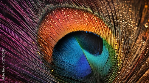 Close-up of a Vibrant Peacock Feather with Dew Drops