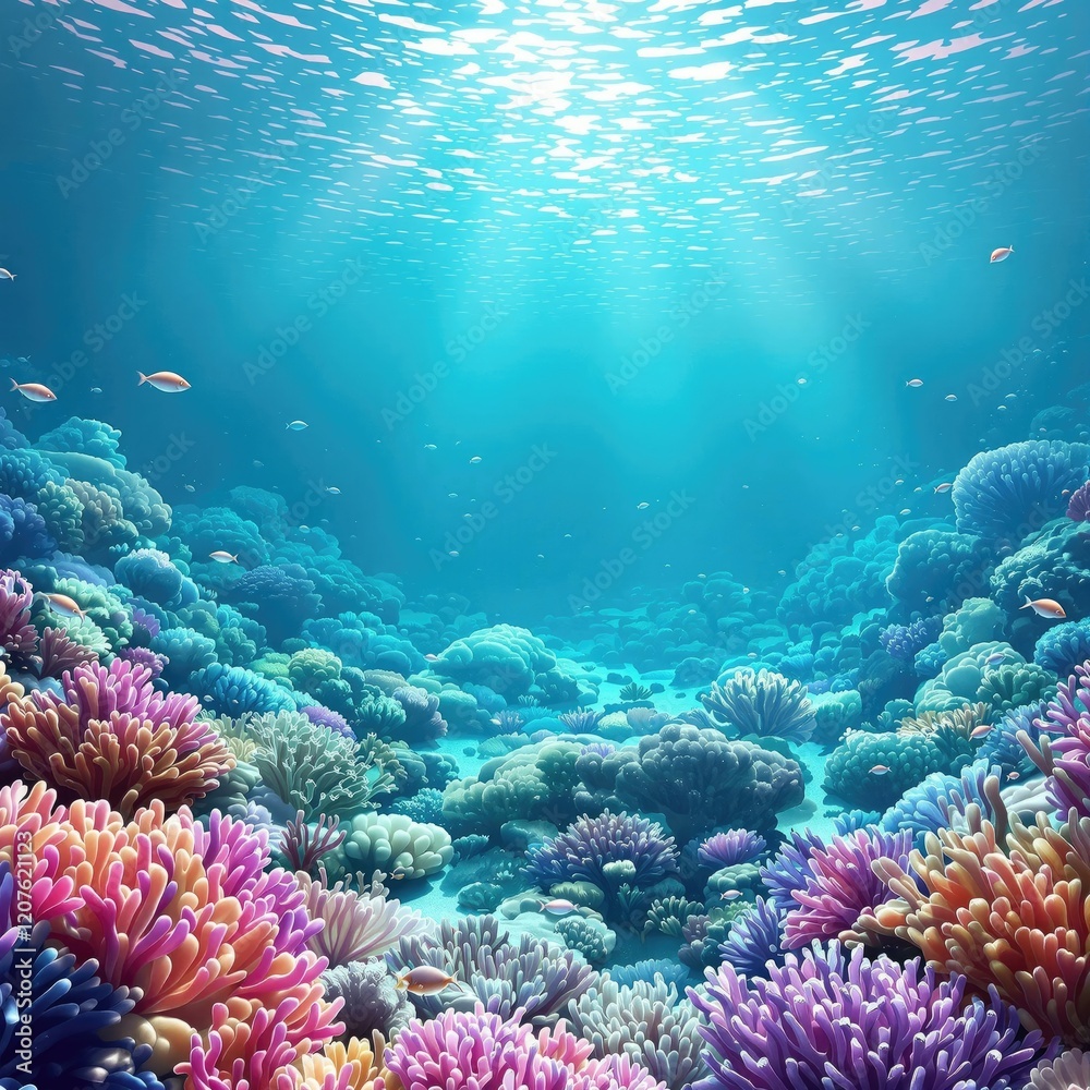 Obraz premium Aquamarine ocean floor with coral and anemones , sea anemone, starfish, aquamarine, coral reef, seashells