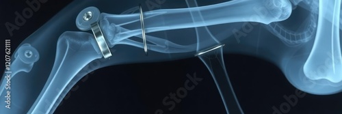 An x-ray showing tibial stability external fixation hardware in place, fracture, treatment photo