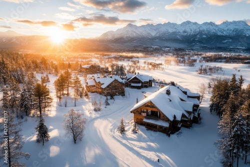 A stunning aerial view of Zakopane nestled in the Tatra Mountains, with snow-capped peaks in the background