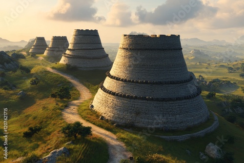 A stylized depiction of the Great Zimbabwe ruins using simple, blocky shapes and muted earthy tones to highlight the ancient stone structures