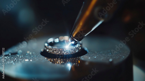 A close-up shot of a diamond ring being laser engraved with intricate details. The precision and sparkle of the diamond are captured in the shot, highlighting the luxurious and detailed craftsmanship