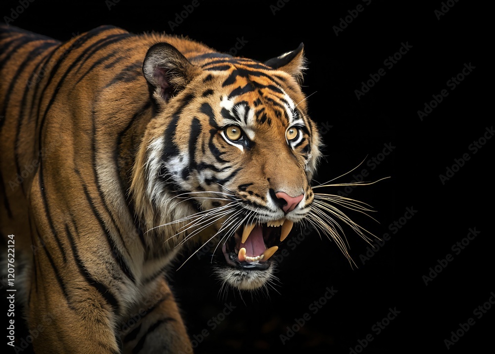 Fototapeta premium A fierce Malayan tiger baring its teeth with an intense gaze isolated on black background