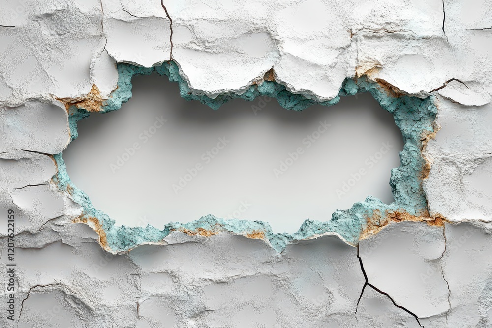 Obraz premium 3D hole in a white cracked wall with detailed fractures creating a dynamic visual.