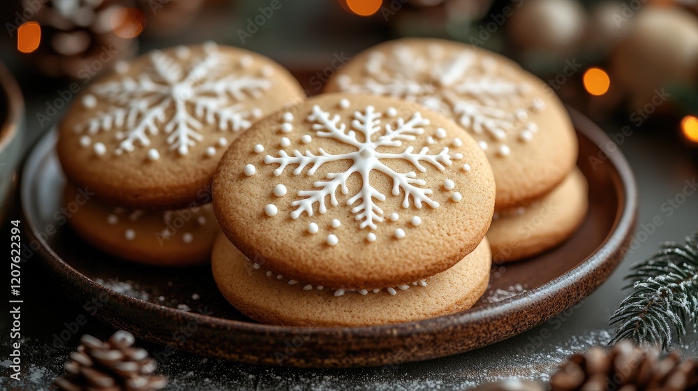 Festively decorated gingerbread cookies with snowflake designs on a rustic plate, surrounded by holiday decor Festively decorated gingerbread cookies with snowflake designs on a rustic plate, surrounded by holiday decor