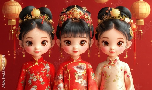 cute gilrs in Traditional chinese carnival for new year lunar calendar celebration made photo