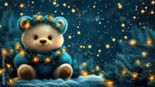 Festive teddy bear, winter scene, holiday lights, snow, greeting card
