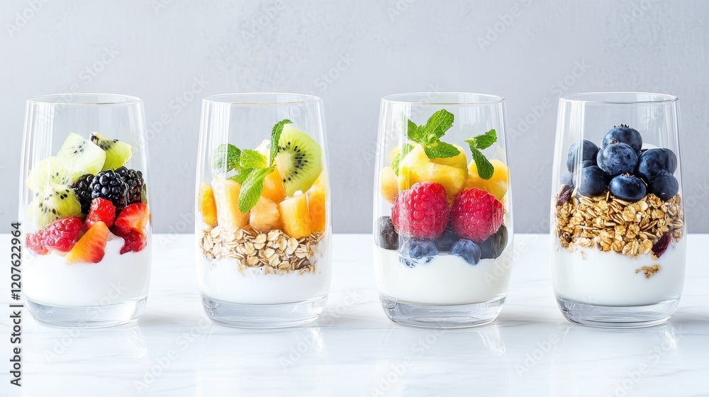 Yogurt Parfait Trio: A vibrant row of four individual yogurt parfaits, each layered with creamy yogurt, crunchy granola, and a delightful mix of fresh berries and fruits. Yogurt Parfait Trio: A vibrant row of four individual yogurt parfaits, each layered with creamy yogurt, crunchy granola, and a delightful mix of fresh berries and fruits.