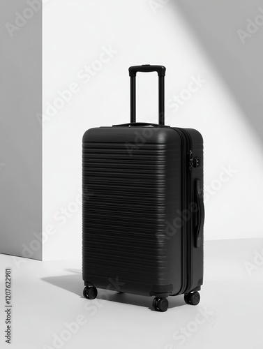 A sleek black suitcase with wheels and a retractable handle, ideal for travel. photo