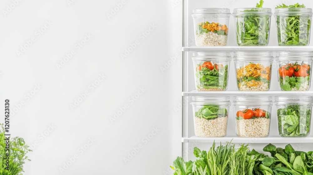 Organized Meal Prep: A modern refrigerator door reveals a meticulously organized array of meal prep containers, filled with fresh, colorful ingredients. Organized Meal Prep: A modern refrigerator door reveals a meticulously organized array of meal prep containers, filled with fresh, colorful ingredients.