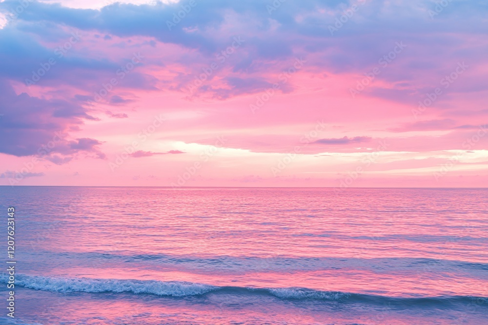 Obraz premium Serene Pink Sunset over Calm Ocean Waves Peaceful Coastal Scene