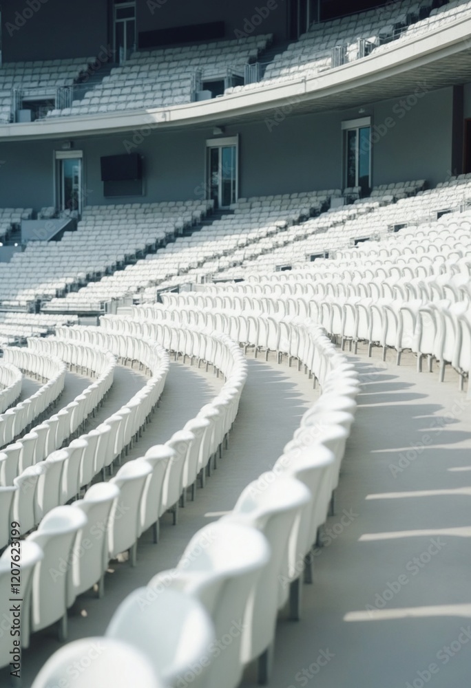 Fototapeta premium White tribunes. seats of tribune on sport stadium. empty outdoor arena. concept of fans. chairs for audience. cultural environment concept. color and symmetry. empty seats. modern stadium