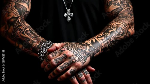 Low key close up of a person's tattooed arms, studio shot, black clothing, black background. Video, 4k, hd format, motion, movement, slow motion.	