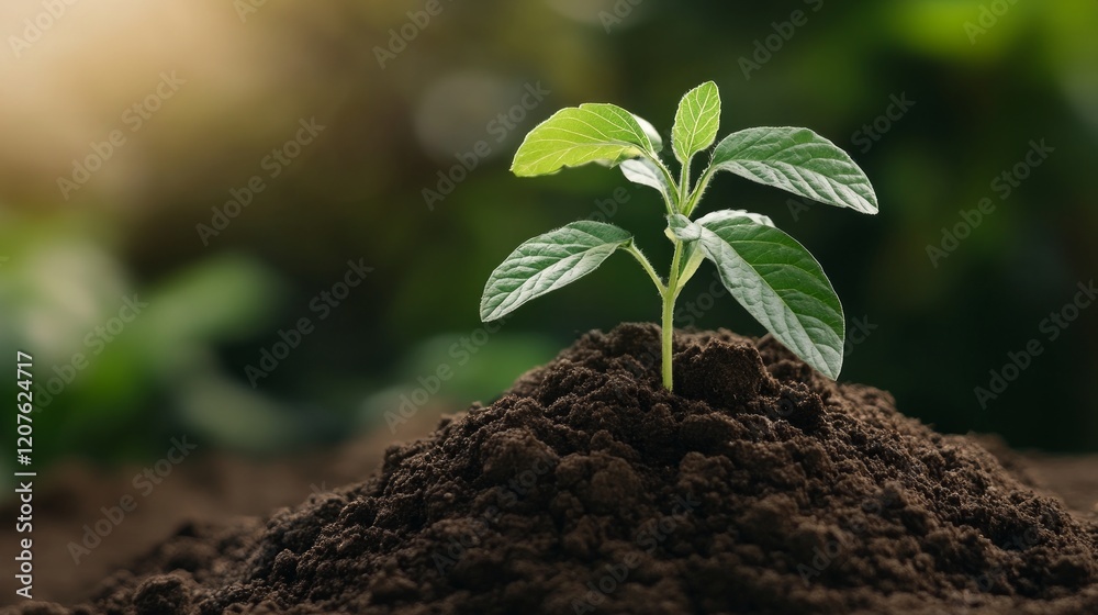 Fototapeta premium goals with strategy and sustainability concept, Young plant sprouting from rich soil in a natural environment.