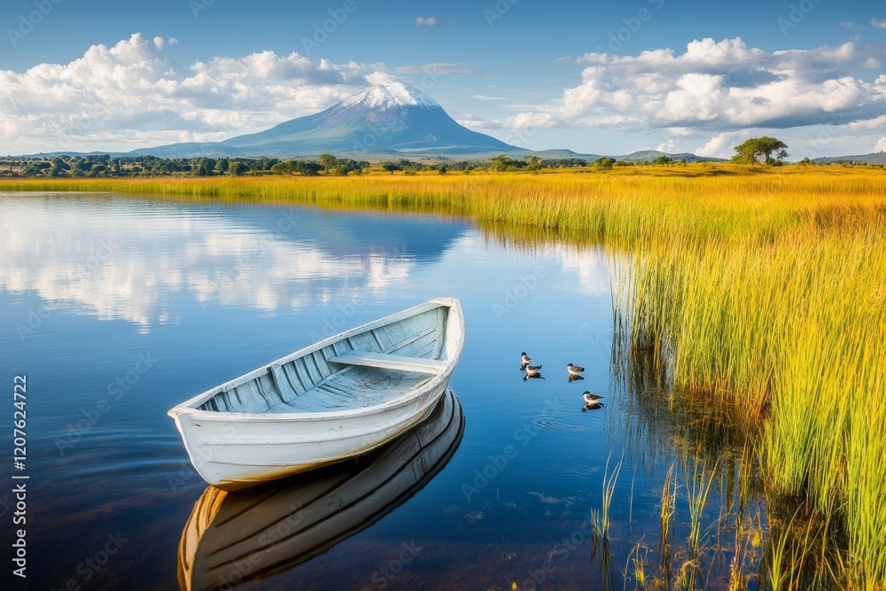 A tranquil scene of Lake Chivero, with a small boat floating on calm waters and birds wading along the shore A tranquil scene of Lake Chivero, with a small boat floating on calm waters and birds wading along the shore