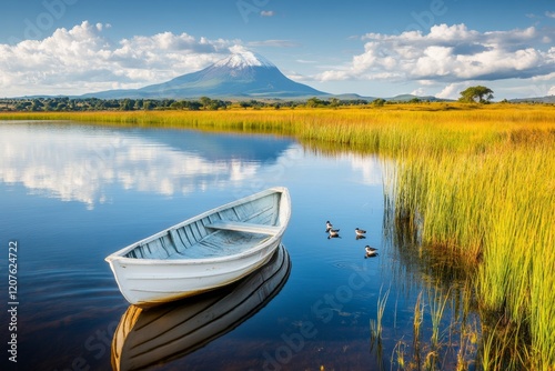 A tranquil scene of Lake Chivero, with a small boat floating on calm waters and birds wading along the shore