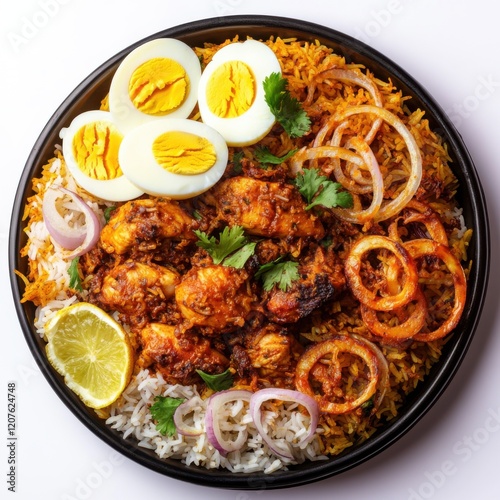 Layered basmati rice and spiced chicken cooked photo