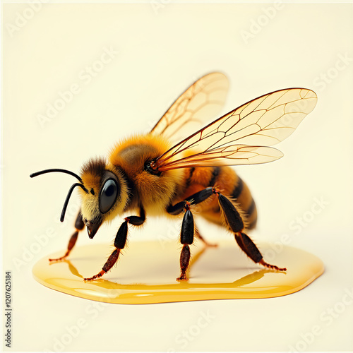 Une vue sur le nid d'abeilles et le miel, disposés sur un fond blanc épuré. photo